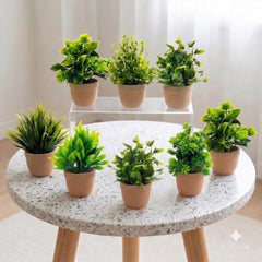 amazon basics Artificial Potted Plants, Artificial Plastic Eucalyptus Plants Small Indoor Potted Houseplants, Small Faux Plants for Home Decor Bathroom Office Farmhouse (Set of 8)