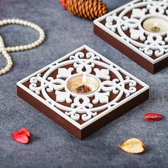 eCraftIndia Wooden Floral Printing Block Decorative Tea Light Candle Holders (Set of 12, Green White) Diwali Christmas Decorations Items for Home Office Christmas Gifts for Women Men Family Friend