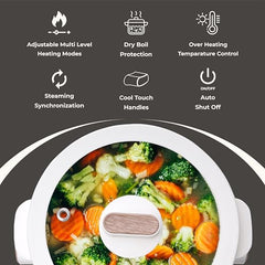 PIOUS Multipurpose Small Electric Kettle with Ceramic Coating 2L | Mini Multi Cooker Kettle For Boil, Steam, Fry, Saute | Electric Cooking Pot For Hostel | Diwali Gift | Dual Power 200W & 700W (White)