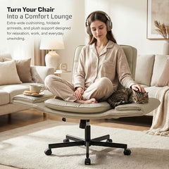 DROGO Zen Atora Ergonomic Criss Cross Legged Office Chair for Work with 5 Gear Armrest & Wide Thick Cushion Seat | PU Leather Computer Chair with Adjustable Height, Recline & Heavy Metal Base (Black)