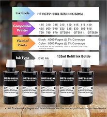 CANOFF GT53Xl for HP Black Pigment Refill Ink Compatible for HP Ink Tank 115, 310, 315, 319, 410, 415, 416, 419, 455, 500, 515, 530, 615, GT 5810, GT 5811, GT 5820 (GT53XL Black 5, 135ml)