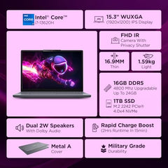 Lenovo IdeaPad Slim 3 13th Gen Core i7-13620H 15.3" (38.8cm) WUXGA IPS Laptop (16GB RAM/1TB SSD/Win 11/Office 2024/Backlit/1Yr ADP Free/Top Metal Cover & IR Camera/Grey/1.6Kg), 83K100TDIN