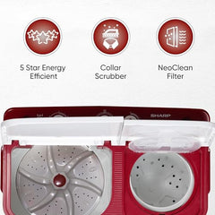 SHARP 9.0 kg, 5 star, Semi-Automatic Top Loading Washing Machine with HydroBlast Wash, Quadroniq Pulsator, 1300 RPM (ES-SD90NB-PR, Ruby Red, Pure Wave)