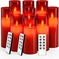 Flameless LED Pillar Candle Set of 2 | Acrylic Fiber Glass | Dancing Faux Wick | Remote Control with Battery Operated 3 AA | Home Décor & Gifting | 3" D x 6" H | Red