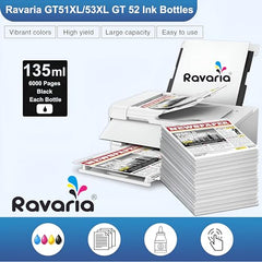 Ravaria Refill Ink for HP GT51XL/53XL GT 52 for HP Ink Tank 115,310,315,319,410,415,416,419,455,500,515,530,589,615,750,790,670,GT5810,GT5811,GT5820(GT51XL + GT52CMY(4 Color Set),Multi-Color Pack)