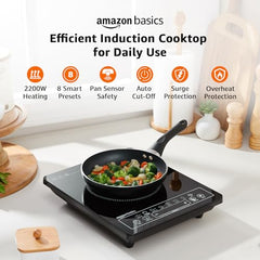 Amazon Basics 1600W Induction Cooktop | 7 Pre-Set Cooking Menus | LED Display | Smart Push Buttons I Energy Efficient, Auto Cut-off, 20A IGBT & 4KV Surge Protection I Black