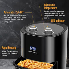 KENT Digital Air Fryer 5L | 1400W | Bake, Grill & Roast | Up to 80% Less Oil Usage | 8 Preset Menu | Rapid Heat Circulation | Digital Display & Touch Control Panel | Glass Window with in built Light