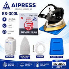 AIPRESS Silver Star ES-300L Industrial Steam Iron 1800W with 4L Water Tank & Teflon Soleplate | Heavy Duty Gravity Feed Steam Iron for Tailoring, Laundry, Boutique & Commercial Garment Pressing