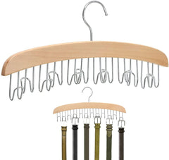 MOMISY Wooden Hanger with 12 Hooks Adjustable Tie, Belt, Scarf & Jewelry Organizer, Brown, Glossy Finish
