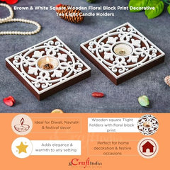eCraftIndia Wooden Floral Printing Block Decorative Tea Light Candle Holders (Set of 12, Green White) Diwali Christmas Decorations Items for Home Office Christmas Gifts for Women Men Family Friend