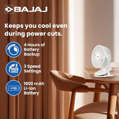 Bajaj Pygmy Mini Fan 110MM | USB Charging | Multi-Clip Function | Rechargeable | 4-Hr Back-up | Silent Operation | Longer Battery Life | Energy Efficient | Portable【White】