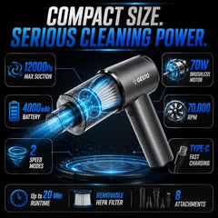 Gesto Car Vacuum Cleaner, 4-in-1 Cordless Handheld Vacuum Cleaner & Air Blower, 12000Pa Portable Mini Vacuum Cleaner for Car, Sofa & Home, 70W Brushless Motor, 4000mAh Battery - 1 Year Warranty
