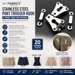 M Fabrics Stainless Steel Pant Trouser Hooks (Silver, 2-Part Sew-On, Set of 20) | Rust-Free Fasteners for Pants, Shorts, Dresses & Garments