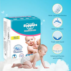 Amazon Brand - Supples Premium Baby Diaper Pants | 108 Baby Diapers | XL | 12-17 Kg | 12 Hrs Absorption | Cushiony Cotton Soft Fabric | Phthalates-Free | Triple Leak Guard | 54 Count, Pack of 2