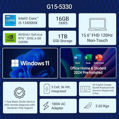 Dell SmartChoice G15-5530, Intel Core i5 13th Gen - 13450HX, NVIDIA RTX 3050-6GB, 16GB RAM, 1TB SSD, FHD 15.6"/39.62 cm, Windows 11, MS Office 24, Dark Shadow Grey, 2.65Kg Gaming Laptop