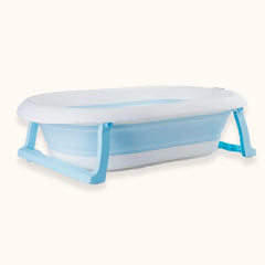 SYGA Baby Bath Tub, Foldable Bathtub with Support Cushion, Drain Plug,Stable Anti-Skid Collapsible Infant Shower Basin for Toddlers Newborns Bathing_Blue