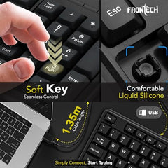 FRONTECH Wired Keyboard and Mouse Combo | Membrane Keys with Retractable Stands | USB Plug & Play | Ergonomic & Comfortable Design | 1 Year Warranty (1692, Black)