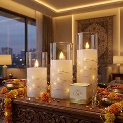 CAVY LED Glass Pillar Candles Light with Acrylic Fiber Glass | Flameless Smokeless Decorative LED Candles Faux Dancing Wicks | Perfect for Diwali Decoration, Home Decor, Gifting, Wedding (Set of 5)