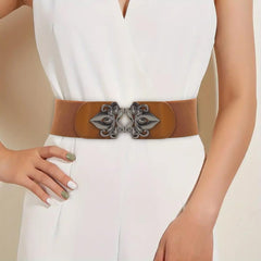 SYGA Women Cinch Belt, PU Leather Stretchy Waist Belt with Emblem Metal Buckle, Retro Style - Beige((Fits Waist Size 25-35)