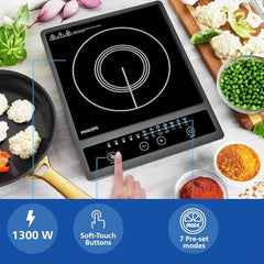 Philips HD4934/00 Induction Cooktop, Black & Grey | 1300W | Triple MOV for 4kW surge protection | soft touch control | 7 Preset Menus | 3 Years warranty on Coil