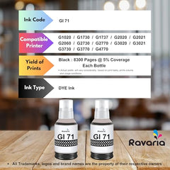 Ravaria Refill Ink for HP GT51XL/53XL GT 52 for HP Ink Tank 115,310,315,319,410,415,416,419,455,500,515,530,589,615,750,790,670,GT5810,GT5811,GT5820(GT51XL + GT52CMY(4 Color Set),Multi-Color Pack)