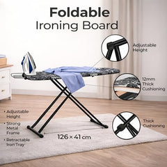 VIN KRAFT Premium Wooden Ironing Board/Table with Iron Holder, Foldable & Adjustable | Heat-Resistant Cover, Non-Slip Feet (120 x 41 Cm, Black - Debra)