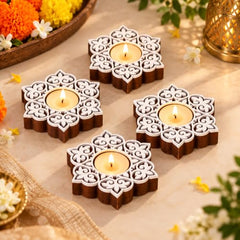 eCraftIndia Wooden Floral Printing Block Decorative Tea Light Candle Holders (Set of 12, Green White) Diwali Christmas Decorations Items for Home Office Christmas Gifts for Women Men Family Friend