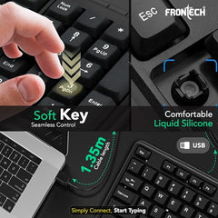 FRONTECH Wired Keyboard and Mouse Combo | Membrane Keys with Retractable Stands | USB Plug & Play | Ergonomic & Comfortable Design | 1 Year Warranty (1692, Black)