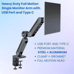 UNIQ MOUNTS™ Heavy Duty Premium 13''-42'' Gas Spring Assisted Single Arm Monitor Arm, Full Motion Desk Mount with 180° Swivel, 360° Rotation,+90°-85° Tilt VESA 75x75/100x100, 15kg Weight Load