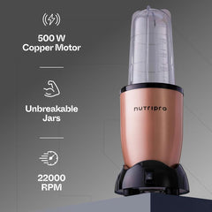 NutriPro Juicer Mixer Grinder - Smoothie Maker - 500 Watts (3 Jars & 2 Blades, Gold) - 2 Year Warranty