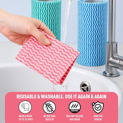 Amazon Brand - Presto! Non-Woven Kitchen Towel Roll | 80 Pulls (Pack of 2) | Size: 23 x 21 cm | Wavy Pattern (Red & Blue) | Washable and Reusable | Highly Absorbent | For Daily Use