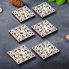 eCraftIndia Wooden Floral Printing Block Decorative Tea Light Candle Holders (Set of 12, Green White) Diwali Christmas Decorations Items for Home Office Christmas Gifts for Women Men Family Friend