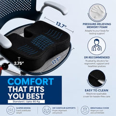 Grin Health Orthopedic Coccyx Seat Cushion | Memory Foam Ergonomic Seat for Tailbone Coccyx Support, Hip, Tailbone, Sciatica & Backpain Relief for Office Chair, Car Seat, Upto 100kg (Black)