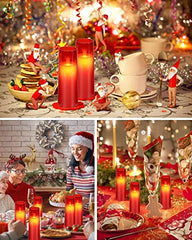 Flameless LED Pillar Candle Set of 2 | Acrylic Fiber Glass | Dancing Faux Wick | Remote Control with Battery Operated 3 AA | Home Décor & Gifting | 3" D x 6" H | Red