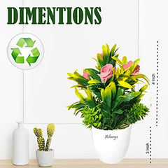 Asharya® Artificial Flower Plants for Home Décor – Set of 4 Mini Potted Plants (7 Inch) in White Pots | Pink, Yellow, Red & Blue Faux Flowers for Living Room, Office, Indoor Outdoor Decoration