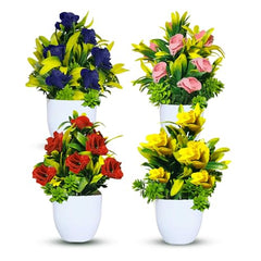 Asharya® Artificial Flower Plants for Home Décor – Set of 4 Mini Potted Plants (7 Inch) in White Pots | Pink, Yellow, Red & Blue Faux Flowers for Living Room, Office, Indoor Outdoor Decoration