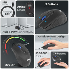 Foxin Glance Grey Wired USB Mouse | 1200 DPI Optical Sensor | Ergonomic & Lightweight (68g) with 3-Button | Plug & Play | 1.2M Cable | Silent Buttons | Wired Mouse for Laptop, PC, Desktop & Office Use