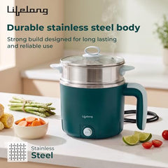 Lifelong Multipurpose Kettle | Multi Cooker Electric Kettle with Egg Tray, 1.2L Stainless Steel Body, Auto Cut Off, 300W Slow Heat & 650W Quick Boil | Boil Rice, Steam & Cook Vegetables, Eggs & Momos