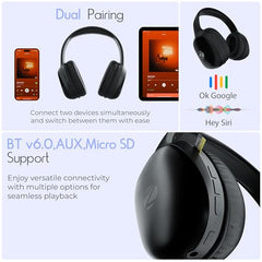 Zebronics Thunder Pro (2026 Upgrade) Wireless Headphones, BT v6.0, Up to 60h Playback, Dual Pairing, 40mm Drivers, ENC, Gaming Mode, Deep Bass, AUX & microSD, Rapid Charging (Black)