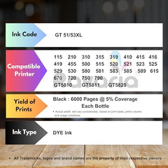 Ravaria Refill Ink for HP GT51XL/53XL GT 52 for HP Ink Tank 115,310,315,319,410,415,416,419,455,500,515,530,589,615,750,790,670,GT5810,GT5811,GT5820(GT51XL + GT52CMY(4 Color Set),Multi-Color Pack)
