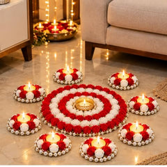 Webelkart Premium Pack of 9 Diwali Decoration Flower Rangoli Diwali Decorative Rangoli with Diya Set, Tea Light Candle Holder Floor Rangoli Festival Decor Home,Deepawali Center 10" and Samll 4" in