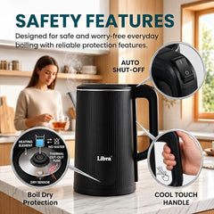 Libra Electric Kettle 1.8 Litre, Stainless Steel Inner Hot Water Kettle