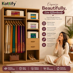 Kottify Cotton Canvas Clothes Storage Bags Pack of 3 | Saree Covers with Zip | Wardrobe Organizer for Women’s Dresses, Sarees & Lehengas | Breathable Fabric Storage Bag with Window (17 x 14 x 7 Inch)