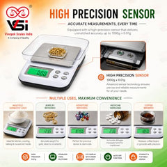 Vinayak Scales 1Kg x 0.01g/10miligram Digital jewellery weighing scale | Gold weight machine digital Portable precision scale for gold, silver, gemstones, medicine, home & lab use