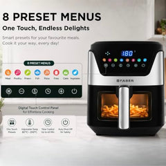 Faber 6L 1500W Digital Air Fryer | Fry, Bake, Roast, Toast, Defrost, Grill & Reheat | 85% Less Oil, 360° Air Cooking|8-Preset Menu,LED Display&Touch Control, Non-Stick Pan,View Window|FAF 6.0L NEO BK