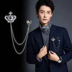 SYGA Men's & Women Suit Shirt Stud Lapel Pin Chain Tassel Brooch Pin with Crystal Chain(Silver Sapphire Crown)