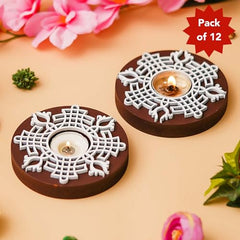 eCraftIndia Wooden Floral Printing Block Decorative Tea Light Candle Holders (Set of 12, Green White) Diwali Christmas Decorations Items for Home Office Christmas Gifts for Women Men Family Friend