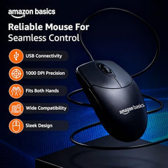 Amazon Basics Wired Mouse | 1000 DPI Optical Sensor | Plug and Play | Compatible with PC, Laptop (Black)