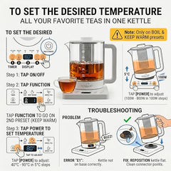 Boil Pro Smart Electric Kettle Glass 1.5L | Thermostat | 800W with 10 Preset Modes & Live Temperature Display | Smart | Inner Steel Plate Lid & Base | Steel Infuser | 60 CM 3pin Cable | acquaso
