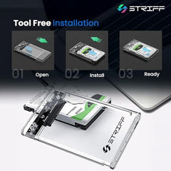 STRIFF SpeedShell 2.5" SATA SSD/HDD Enclosure Case | USB 3.0 to SATA Tool-Free Transparent Hard Drive Case | 5Gbps Fast Transfer, Supports Up to 6TB, Compatible with 2.5" SSD/HDD